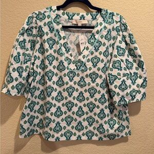 LOFT Teal and White Patterned Blouse